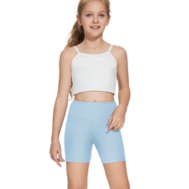 DEVOROPA Girls 5" Spandex Volleyball Shorts Stretch Youth Athletic Gymnastics Shorts Kid Yoga Dance Compression Shorts Pocket Light Blue Large