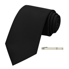 BEWDIO Black Skinny Ties for Men, Silk Satin Tie with Clip for Wedding Party (65-01M)
