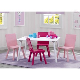 Delta Children Kids Table and Chair Set (4 Chairs Included), White/Pink