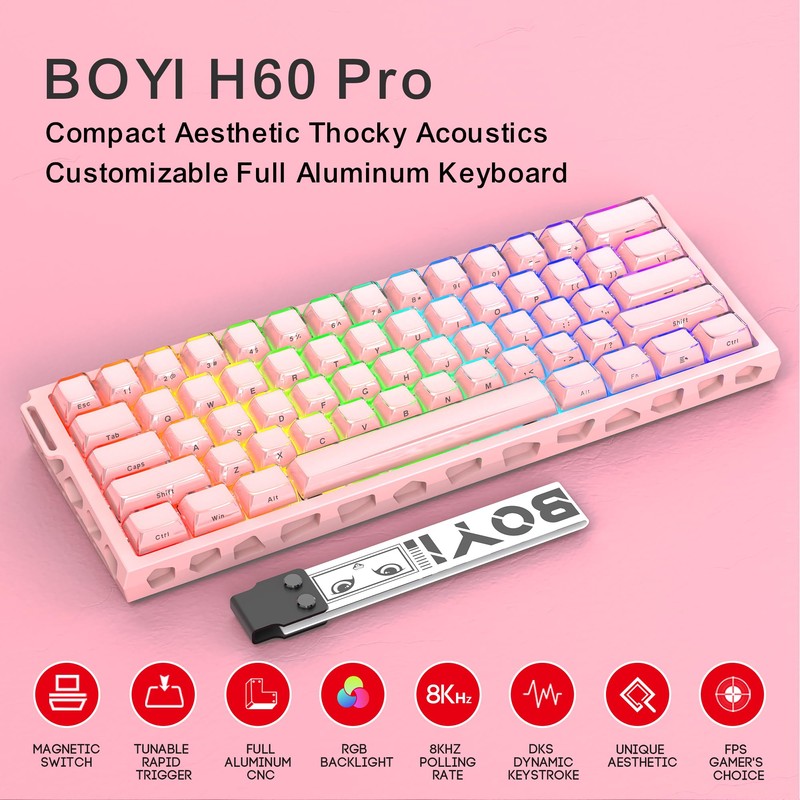 BOYI H60Pro Magnetic Switch Gaming Keyboard,60% Hollow Aluminum Hall Effect
