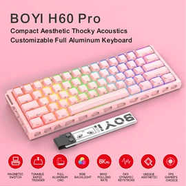 BOYI H60Pro Magnetic Switch Gaming Keyboard,60% Hollow Aluminum Hall Effect Rapid Trigger Hot-Swap 8K Polling Rate 0.01mm RT RGB Wired Mechanical Keyboard(Pink Crystal Jelly PBT Keycaps)