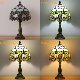 Tiffany Style Table Lamp, Pink Tulip Stained Glass Lamp, 8 Inch Small Antique Lamp, for Bedside Nightstand Bedroom Living Room Home Office, Include LED Bulb