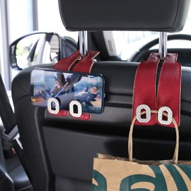 Car Headrest Hooks 2 Pack - Universal Premium Leather and Zinc Alloy - Alloy Car Seat Back Storage Hook for Purses Handbags Cloth Drink - Durable Car Accessories for Women Men (BH09-Red-Silver)