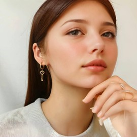 Stainless Steel Key Huggie Hoop Earrings for women,Trendy Golden Keys Drop Dangle Earings, Woman Dainty Dangly Ear rings,18k Gold Dangling Earrings,Key Charm Pierced Huggy Hoop Tassel Earrings for