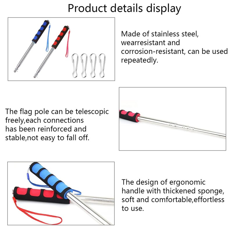Telescopic Flag Pole, 2 Pcs 2 m Stainless Steel Handheld