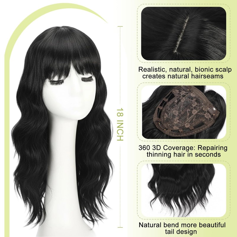Hair Topper 18 Inch Synthetic Curly Wavy Clip in Bangs(#1B)