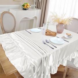 Ersmak White Satin Ruffle Edge Tablecloth - 60 x 120 Inch Rectangle Satin Table Cover Bright Silk Table Cloth for Weddings, Banquets, or Home Dining