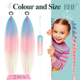 Braiding Hair Extensions - Ponytail Extensions with Elastic Tie Colorful Braid Hair Extension Kids Hair Extensions for Girls Twist Braids Hair for Women Blue Hair Extensions 26'' 2pcs(Blue/Pink/White)