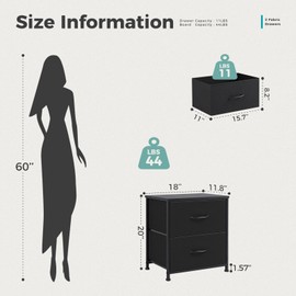 DUMOS Nightstand Small Dresser with 2 Fabric Drawers Side Tables Bedroom End Table Bedside Storage Furniture for 20 inch Tall Night Stand for Entryway, College Dorm, Black(2 Pack)