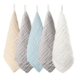 MOMSMENU Baby Washcloths Newborn Muslin 100% Natural Cotton 6 Layer Gauze Supersoft Newborn Baby 12x12Inch 5 Pack Blue