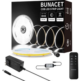 BUNACET COB LED Strip Light 20ft/6m Cool White 6500K High Lumen CRI 90+ with UL Listed Power Adapter RF Remote for Bedroom Counter Under Cabinet Kitchen Projects