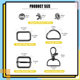 Mardatt 100 PCS 3 Colors Hardware Buckles Kit including D-Ring, Triangle Slide Square Rings Magnetic Snap Swivel Clasp Hooks, Black