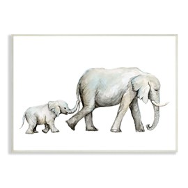 Stupell Industries Baby Elephant Mother Watercolor Painting Nursery Safari Animals Wall Plaque, 15 x 10, Grey