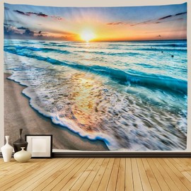 IcosaMro Beach Tapestry Wall Hanging, Ocean Sunset Sea Beach Wave Landscape Scenery Nature Wall Decorations Bohemian Home Decor for Bedroom, Dorm, College, Living Room, 60x82.7 Inches, Blue