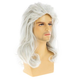 Baruisi Long White Wigs for Men Synthetic Layered Wavy Cosplay Party Wig