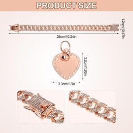 9.84 Inch Dog Chain Collar, Rose Gold Diamond Collar Necklace with Heart Shape Dog Tag Rhinestones Heart Bling Dog Collar Pet ID Tag Chain for Small Medium Large Dogs Cats