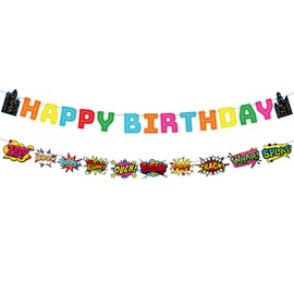 2pcs Hero Birthday Party Banner, Pre-Strung Colorful Hero-Themed Happy Birthday Banner Retro City Hanging Birthday Party Decorations for Celebrating Wall Ceiling Window Home Decor Party Supplies