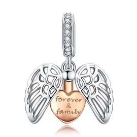 Shining Charm Forever Family 925 Sterling Silver Charms fits Bracelets Rose Gold Plated Heart in Angel Wings Pendant for Necklace