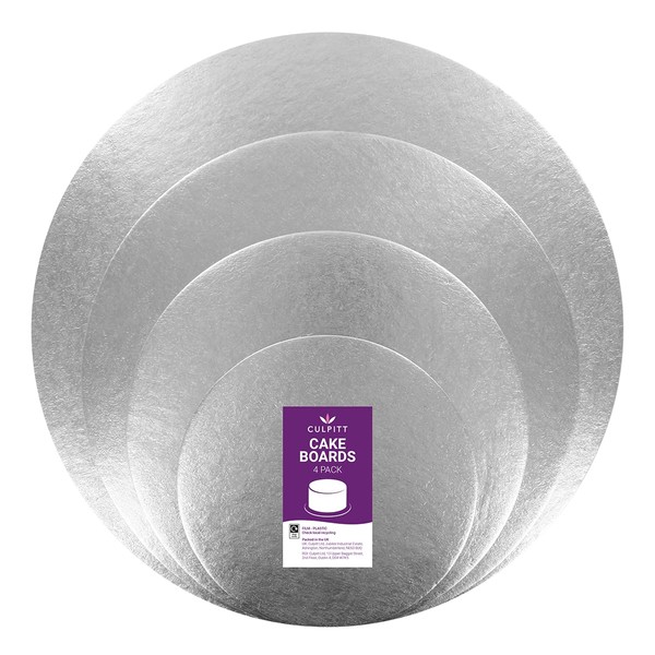Culpitt Cut Edge Round Cards, 4 Board Multipack, 6", 8", 10", 12", Round Cake Cards, Silver Cake Boards, 1.8mm Thick, 4 Pack For Tiered Cakes (90278)