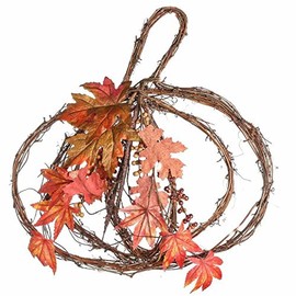 Factory Direct Craft Grapevine Pumpkin Hanger with Sugar Maple and Oak Leaves in Center for Home and Autumn Decor
