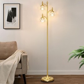 JUNNAI Gold Floor Lamp, Dimmable Tree Floor Lamps for Living Room Brass Tall Standing Lamp with 3 Rotatable Lights Glass Shade 66.5'' Modern Corner Lamp for Bedroom Office(3LED Bulbs Included)