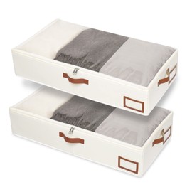 Yawinhe Under Bed Storage, 2 Pack Underbed Storage Box, Collapsible Storage Bag, with Sorting card slot and 4 Leather Handles, for Blanket, Bedding, 23.6''Lx11.8''Wx6''H, Beige