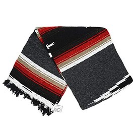 Charcoal Black Mexican Yoga Blanket -- Thick Navajo Diamond with Vintage Retro Serape Red Tan Brown and White Stripes