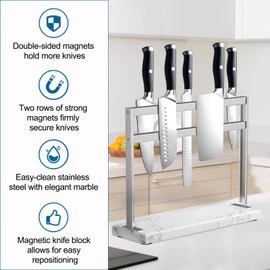 YIIYIIN Magnetic Knife Block with Marble Base - Double Sided Magnetic Knife Stand - Magnetic Knife Holder - Kitchen Knife Storage - Knife Holders for Counter Top - Marble White