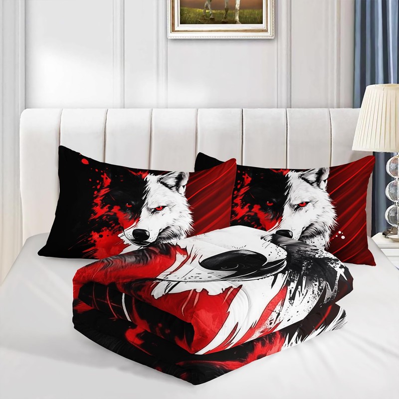 HOSIMA Wolf Queen Comforter for Kids,Animal Bedding with 2 Pillowcases.