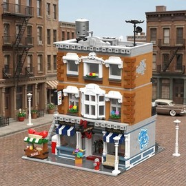 Bloques de construcción vintage de la ferretería americana, vista de calle modular de 3 pisos con carrito de perros calientes y 7 figuras, kit de cons