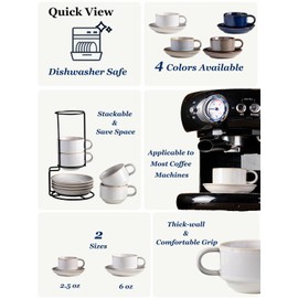 Gomakren 6 Ounce Cappuccino Cups with Saucers and Metal Stand, Stackable Coffee Cup Set of 4, Christmas Porcelain Espresso Cups for Coffee Drinks, Cappuccino, Latte, Americano, Tea, White