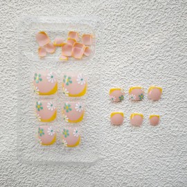 Yellow French Tip Press on Toenails Flower Fake Toes Short Square False Toenails with Design Nude Glue on Toenails Glossy Acrylic Full Cover Stick on Toenails for Women Girls Foot Manicure 24 pcs