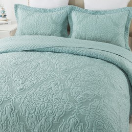 NEWLAKE Quilt Bedspread Set, Light Green Jacquard Embossed Floral Pattern Reversible Embroidered Microfiber Coverlet Sets, King Size