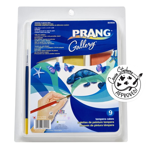 Prang Gallery Classic Tempera Paint Cakes, 9 Color Set with Divided Pan and Brush