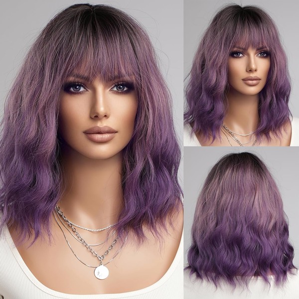 Doremiy Short Bob Ombre Black Purple Wavy Wigs for Women