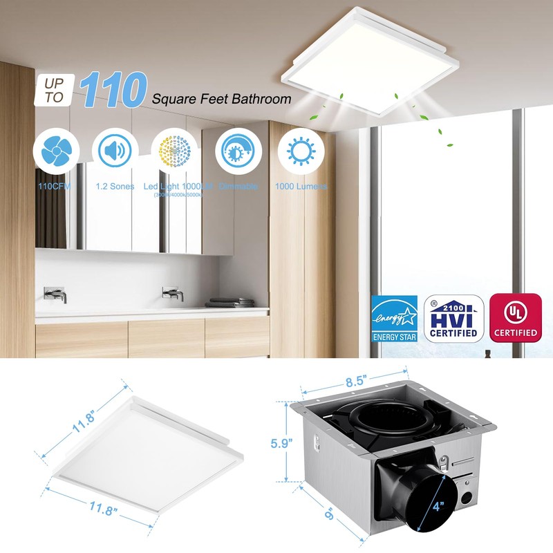 Tech Drive Bathroom Exhaust Fan with Light, 110 CFM, Super