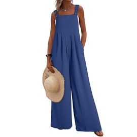 Dokotoo Loose Jumpsuits for Women Overalls Oversized Solid Color Casual Wide Leg One Piece Sleeveless jumpsuit Long Pant Romper with Pockets 2025 Fashion Deep Blue Large