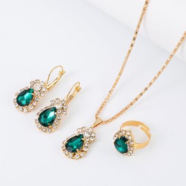 TOEECY Jewellery Set for Women Crystal Pendant Necklace Ring Earring Set Golden Cubic Zirconia Jewellery Set Gift for Wedding Bridal Bridesmaid (Green)
