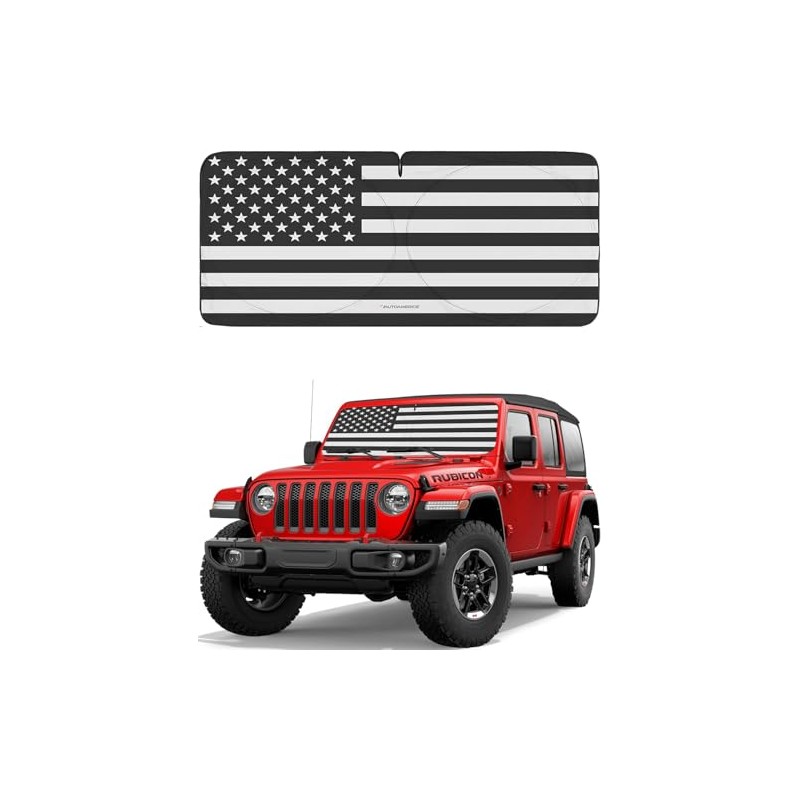 Autoamerics Jeep Wrangler B&W 1-Piece Windshield Sun Shade Foldable Car