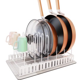 GGXINGYI Pot and Pan Organizer Rack with Dry Mat for Cabinet, Pot Lid & Cup Holder with 7 Adjustable Dividers for Kitchen Storage,14.96x8.26x7.87.51inch (7 Dividers)