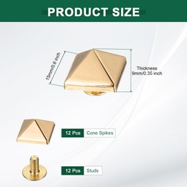 sourcing map 24 Pcs Square Spike Studs Rivets 15mm Metal Leather Rivets Rapid Rivet Studs Assortment Kit for DIY Leather Craft Clothing Bags Decorations, Gold