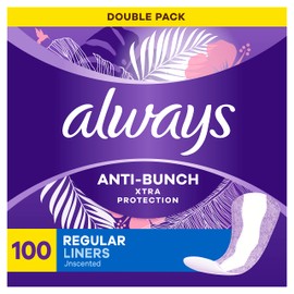 Always Anti-Bunch Xtra Protection, Panty Liners For Women, Light Absorbency, Regular Length, Leakguard + Rapiddry, Unsented, 100 Count (Packaging May Vary)