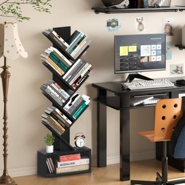 LUSHZLUMBERA 6-Tier Tree Bookshelf with Storage – Wooden Bookcase for CDs, Books & Decor – Space-Saving DIY Shelf for Bedroom, Living Room & Office