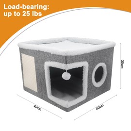 Cat Bed for Indoor Cats, Large Covered Cat Beds Cave with Fluffy Ball and Scratch Pad Foldable Hideaway Nest Condo for Kitten Kitty Pet (Gray, Large)