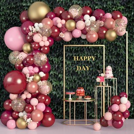Amandir 162Pcs Burgundy Balloon Garland Arch Kit, Light Pink White Maroon Balloons Confetti Latex Metallic Gold Balloons for Birthday Bridal Baby Shower Wedding Graduation Party Decorations