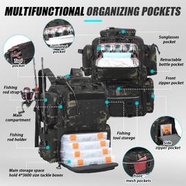 BISKLNDN Tactical Fishing Tackle Backpack with 4 Tackle Boxes, Rod Holders, Bottle Holder, 50 L Large Storage Durable Fishing Bag Store Fishing Gear and Equipment, 900 D Oxford, Black CM