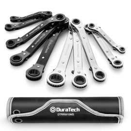 DURATECH 10-Piece Reversible Ratcheting Wrench Set, Offset Double Box End Wrench Set, SAE & Metric, with Rolling Pouch