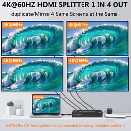 4K@60Hz HDMI Splitter 1 in 4 Out,Dual Power Supply DC5V1A+USB-C Powered,HDMI2.0,Auto Downscaling,4K 1080P Sync,HDR10,3D18Gbps,Mirror Only Not Extend,1 Source to 4 Screens for PS5HDTV,Laptop,Projector