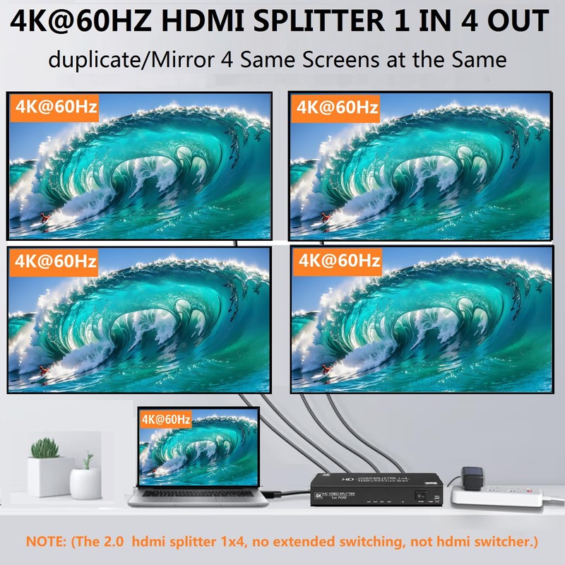 4K@60Hz HDMI Splitter 1 in 4 Out,Dual Power Supply DC5V1A+USB-C