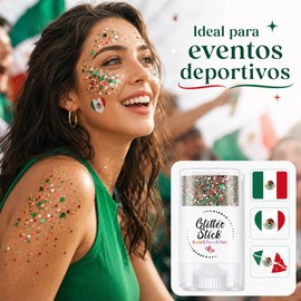 2Pcs Pintura Facial Bandera México, Brillos para la Cara Cuerpo y Cabello con 3 Tatuajes Temporales, Maquillaje para Fiestas Patrias, Eventos Deportivos y Disfraces (México)